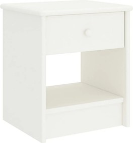 Biały stolik nocny z litego drewna sosnowego 35x30x40 cm z szufladą i półką, styl nowoczesny