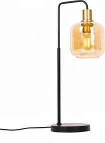 Designerska lampa stołowa czarna z mosiądzem i bursztynowym szkłem - Zuzanna
