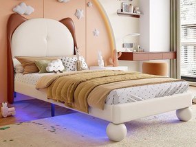 Tapicerowane łóżko dziecięce 90x200 cm - zagłówek w kształcie uszu kota - z LED - z stelażem na listwach - PU - Beżowe + Brązowe