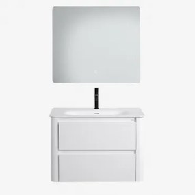 Zestaw Wiszących Mebli Łazienkowych 80x50 Cm Z Drewna Zintegrowany Z Umywalką Egerton Biała & Prostokątny Led I - Sklum