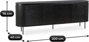 Komoda do Salonu BECK 200 cm Czarna Czterodrzwiowa Ryflowana Nowoczesna