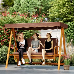 Outsunny Huśtawka Ogrodowa z Daszkiem, Drewniana, z Funkcją Leżanki, na 3 Osoby, Brąz