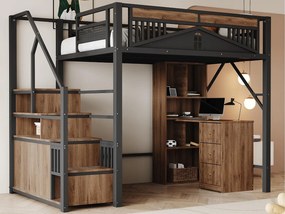 Łóżko antresolowe metalowe 140x200 cm - z drabinką ze schowkiem - Czarne (materac nie jest dołączony)