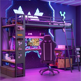 Łóżko piętrowe dla dzieci - 90 x 200 cm - rama żelazna - z diodami LED + biurko + półka + port USB - metalowe - czarne
