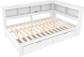 Łóżko dzienne 140x200 cm, łóżko dziecięce z 2 szufladami i półką, 2 porty USB – białe (bez materaca)