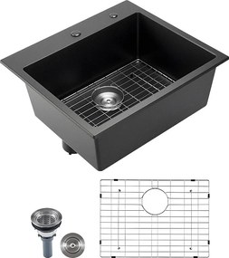 Nowoczesna Zlewozmywak Kuchenny SucceBuy z Granitu 63,5 cm, Zlewozmywak Nastawczy z Dużą Pojedynczą Komorą, Wkładana Komora do Mycia z Wieloma Akcesoriami