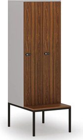 Drewniana szafa ubraniowa S4 z ławką, 2-drzwiowa, 1871 x 600 x 500/800 mm, demontaż, zamek mechaniczny z kodem, szary/orzech