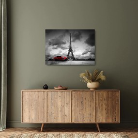 Obraz na szkle - Wieża Eiffla i czerwony samochód (70x50 cm)
