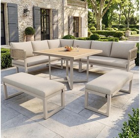 Salon ogrodowy, zestaw mebli na 8-10 osób - kanapa narożna - z żelaza ocynkowanego - stoły jadalniane z tworzywa drewnopodobnego - ławka, Beżowy