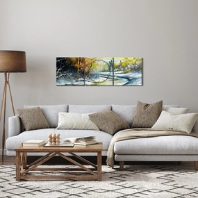 Obraz zimowej rzeki, obraz olejny (z zegarem) (90x30 cm)