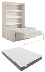 Łóżko chowane w szafie 140 x 200 cm - Otwierane pionowo ręcznie - Z oświetleniem LED - Beżowe + Materac + Kanapa - RAPILI