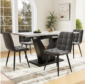 Zestaw obiadowy składający się z pięciu elementów - 1 rozkładany stół + 4 krzesła welurowe - 99/159 x 75 x 75 cm - płyta MDF + metal - biały + szary