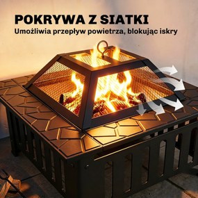 Outsunny Palenisko ze stali z osłoną przeciwiskrową i pogrzebaczem do grilla, kempingu, 67x67x47 cm, czarne | Aosom PL
