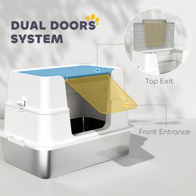 PawHut Kuweta dla kotów ze stali nierdzewnej, XL wnętrze, z łopatką, jasnoszara