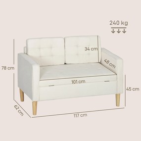 HOMCOM Sofa 2-osobowa z pojemnikiem i pikowaniem — welur, kremowa, 117×62×78 cm