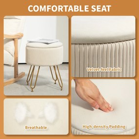 HOMCOM 2-w-1 Hoker z miejscem do przechowywania na metalowych nogach, okrągły podnóżek do salonu, sypialni, przedpokoju, Kremowy