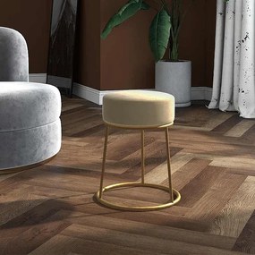 Okrągły taboret w ciemnoszarym aksamicie z miękką tkaniną i złotą metalową podstawą, klasyczny i wygodny design, 30x38 cm