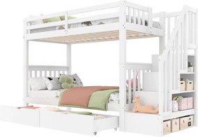 Łóżko piętrowe 90x200cm z drewna sosnowego - z 2 szufladami i schodami do przechowywania - Białe