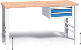 Stół warsztatowy z regulacją wysokości G3, 1500 x 685 x 840-1050 mm, 1x 2 szufladowy kontener, niebieski