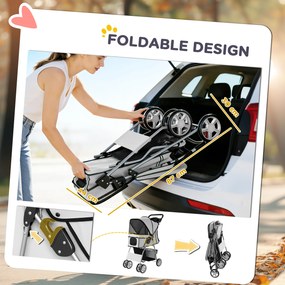 PawHut Wózek składany dla psów z odblaskowymi paskami, koszem na przechowywanie, poduszką dla małych psów do 10 kg, 77x44x102 cm, szary | Aosom PL