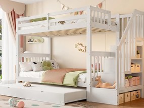 Łóżko piętrowe 90x200cm z drewna sosnowego - z 2 szufladami i łóżkiem wysuwanym - Białe