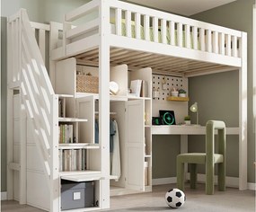 Łóżko na antresoli 90x200 cm - drabina z miejscem do przechowywania - z biurkiem, szafą i otwartymi półkami - z interfejsem USB - Biały​ (bez materaca)