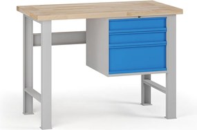 Stół warsztatowy G7, blat bukowy, 1200 x 685 x 840 mm, 1x kontener, 3x szuflada, niebieski
