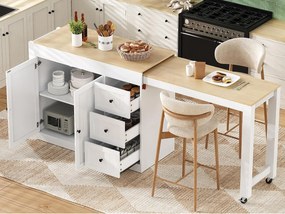 Centralna wyspa kuchenna - stół rozsuwany - z 1 portem USB i 1 portem Type-C - z półką na przyprawy i kółkami - Naturalny + Biały