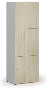 Drewniana szafka skrytkowa S4, 6 schowków, demontaż, zamek cylindryczny, szary/dąb naturalny