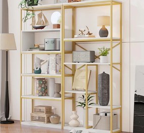 Nowoczesna półka 160x29,5x180 cm - Półki na kilku poziomach - Konstrukcja z rur stalowych i MDF - Kształt prostokątny - Złoty i biały