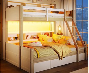 Łóżko piętrowe 90x200cm + 140x200cm - z drabinką i barierką zabezpieczającą - 1 szuflada - oświetlenie LED - kolor naturalny (materac nie jest wliczony w cenę)