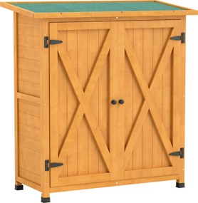 Outsunny Szafka Ogrodowa, Schowek na Narzędzia z Drewna, Wodoodporny Schowek z 2 Drzwiami, Asfaltowy Dach 110 x 55 x 117 cm, Żółta