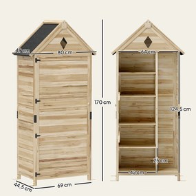 Outsunny Schowek Ogrodowy z 4 Półkami, Drewniany Schowek na Narzędzia, Wodoodporny Dach z Asfaltu, 80 x 49 x 170 cm, Jasnobrązowy