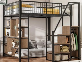 Łóżko mezzanine 140x200cm z metalu - z półkami i schodami - Czarne (materac nie jest w zestawie)