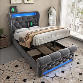 Łóżko tapicerowane ze schowkiem - 90 x 200 cm - z diodami LED - zagłówek ze schowkiem i USB - aksamit - szary