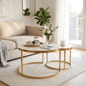 Zestaw Stolików Kawowych ARON 70 cm/50 cm Biały Marmur/Złoty Glamour