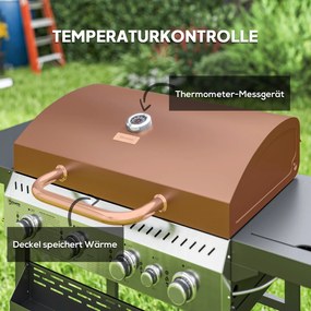 Outsunny Grill Gazowy BBQ, 4 Główne Palniki, 1 Boczny Palnik, 1 Płyta Do Podgrzewania; 135 x 55 x 103 cm, Czarny