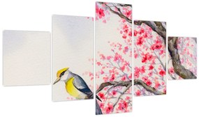 Obraz - ptak na drzewie z czerwonymi kwiatami (125x70 cm)