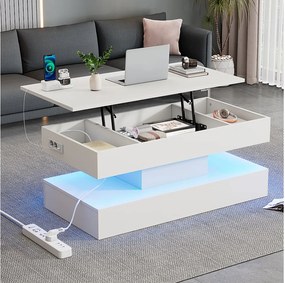Stolik kawowy podnoszony - 100 x 50 x 42/56 cm - z diodami LED + ukryty schowek - płyta wiórowa - biały
