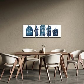 Obraz - Niebieskie domy akwarelowe (z zegarem) (90x30 cm)