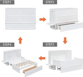 Łóżko wielofunkcyjne składane 140x200cm z litego drewna - z szufladą i podparciem na wezgłowiu - Białe