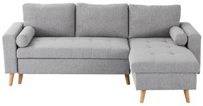 Kanapa narożna rozkładana i dwustronna z tkaniny w kolorze jasnym szarym z pojemnikiem do przechowywania – KORI