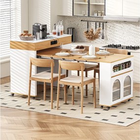 Rozkładana wyspa kuchenna na kółkach z blatem szklanym - 110,5 x 50,5 x 95,5 cm - z drzwiami i szufladą - MDF + szkło - biała + naturalna