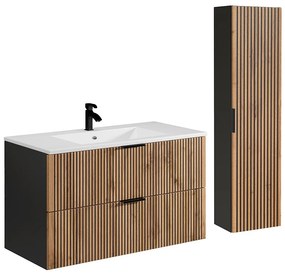 Szafka łazienkowa wisząca ryflowana z umywalką wpuszczaną w blat i słupkiem - Naturalny jasny i czarny - 100 cm - MADELA