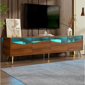 Stojak pod TV 180 cm, stolik pod TV w kolorze naturalnego drewna z 4 szufladami i oświetleniem LED, złote nogi