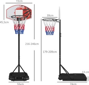 SPORTNOW Kosz do koszykówki na kółkach, wolnostojący, z siatką, duża podstawa, 179-209 cm, Tworzywo sztuczne, Stal