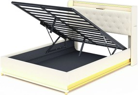 Łóżko ze schowkiem i zagłówkiem 140 x 200 cm - Port USB + LED - Tkanina lniana - w zestawie stelaż z listew - Beżowe