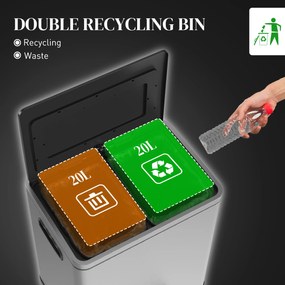 HOMCOM Kosz na śmieci z pokrywą i pedałem, Stal nierdzewna, Komory 2x20 L, Srebrny