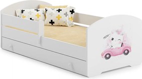 Łóżko dziecięce pojedyncze 160x80 cm białe z szufladą, materacem, stelażem i demontowalną barierką zabezpieczającą