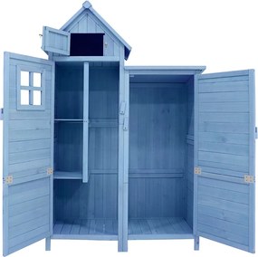Solidny drewniany domek ogrodowy z dachem spadzistym z PCV - 2 półki, 3 drzwi zamykane na zatrzask - Dł. 118 x Gł. 54 x Wł. 173 cm - Niebieski